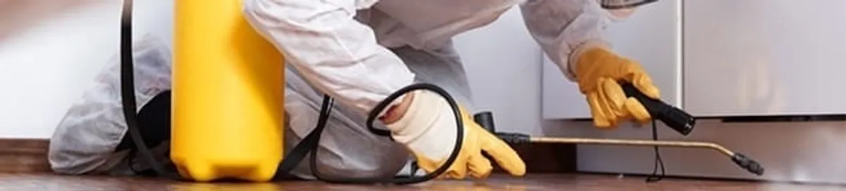 Roach exterminator treating cracks and crevices along kitchen baseboards in Little Rock, AR